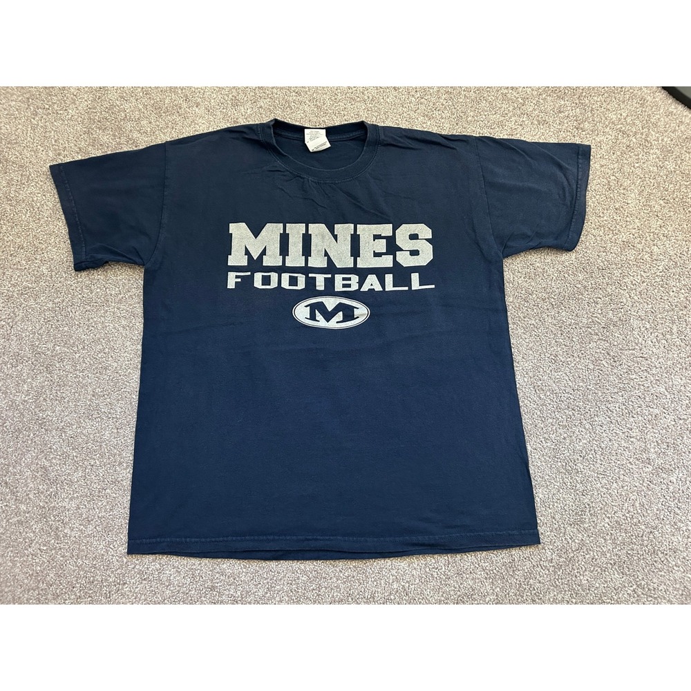Vintage Mines Football T-Shirt Mens Medium Navy Blue Excellent Graphic Tee
